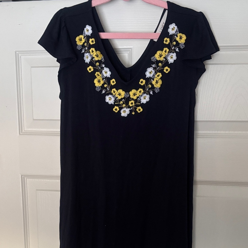 LOFT Navy Dress with Yellow and White Floral Embroidery